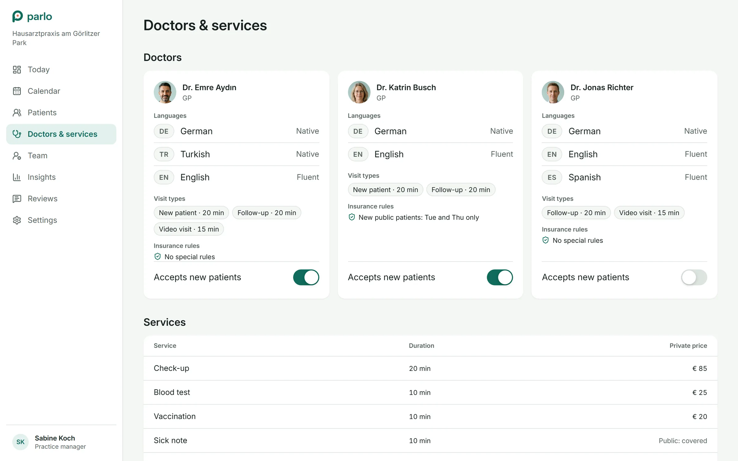 Doctors and services: languages, visit types, insurance rules, accepts new patients
