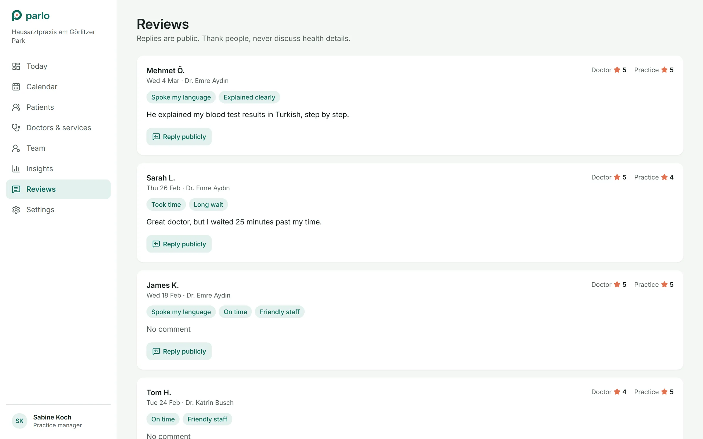 Reviews with reason chips and public replies