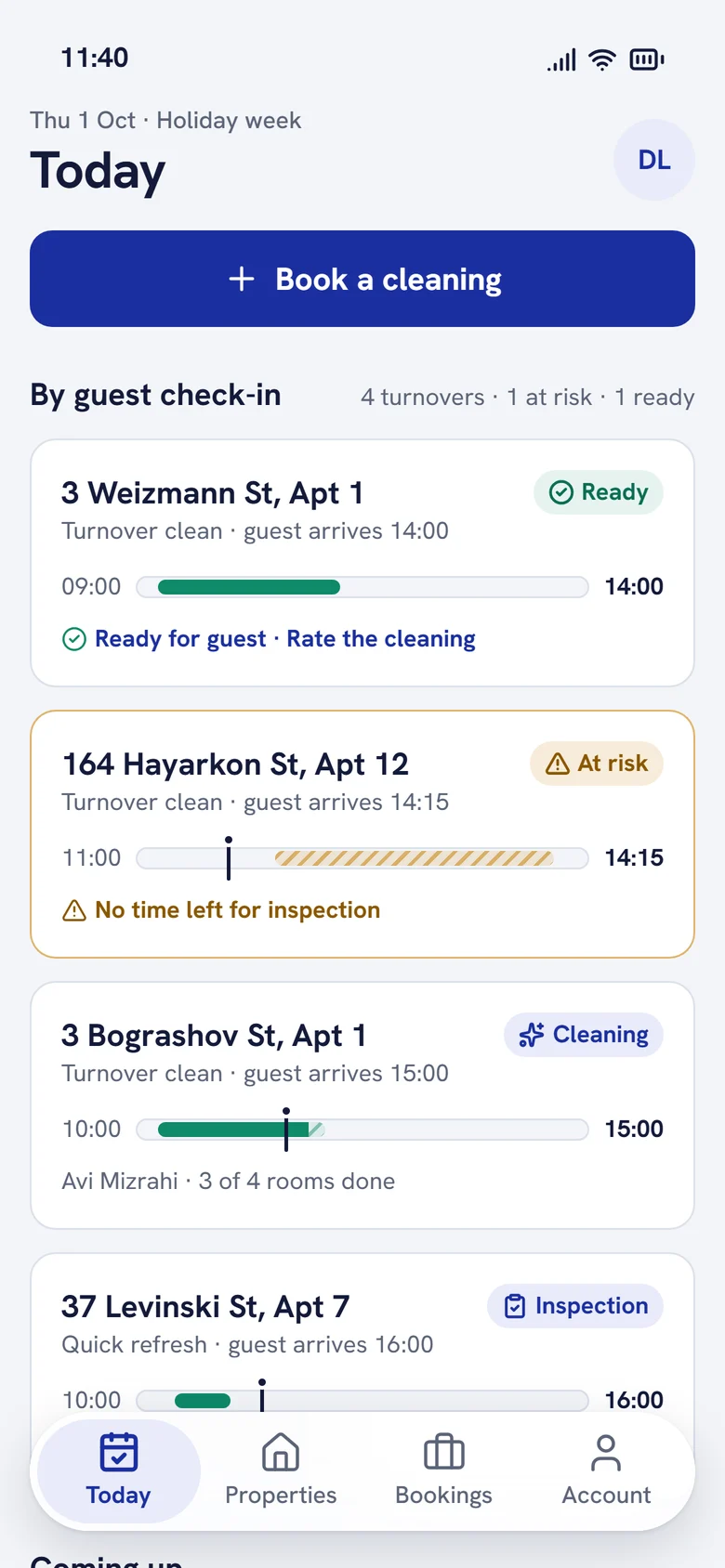Property manager's Today screen: upcoming turnovers sorted by guest check-in, each with a turnover window bar
