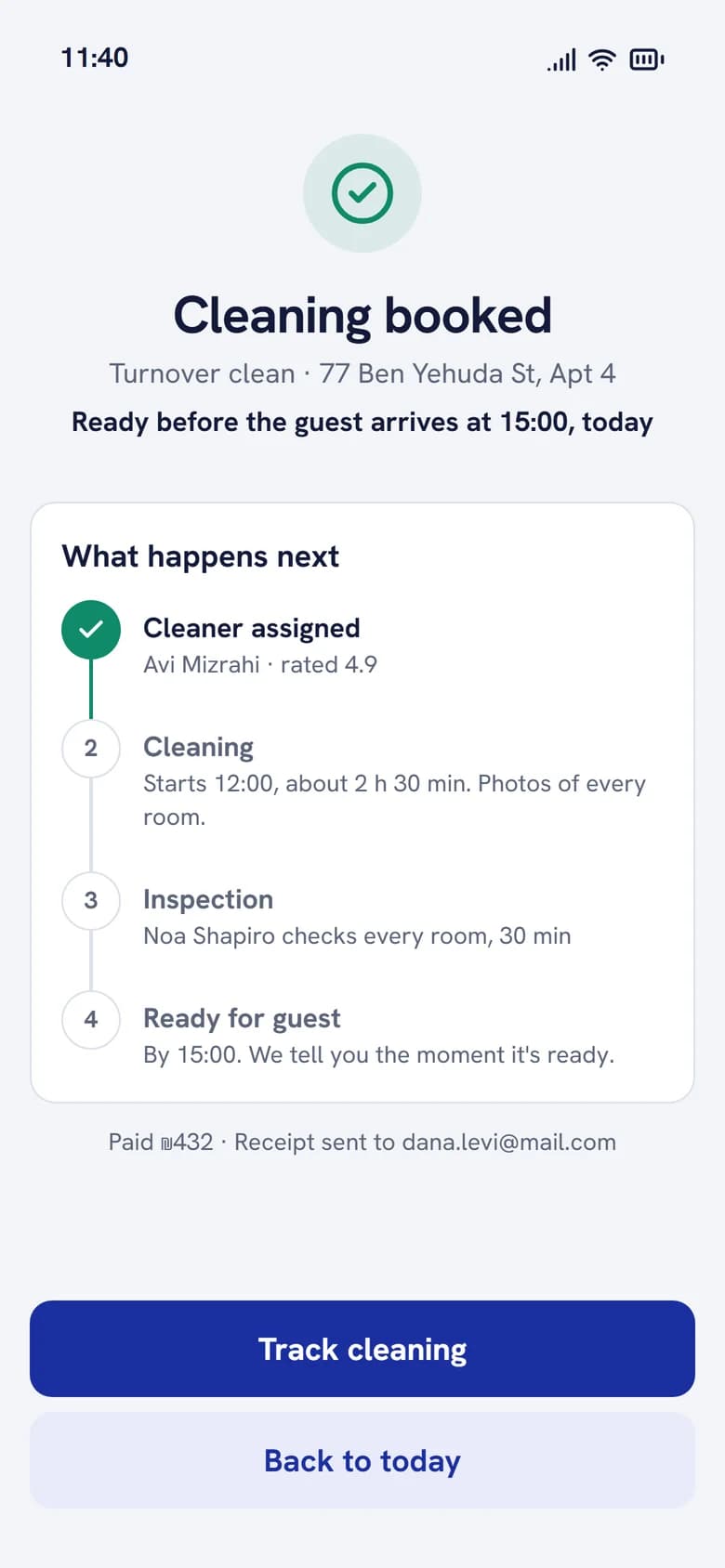 Booking confirmed with a four-step timeline of what happens next