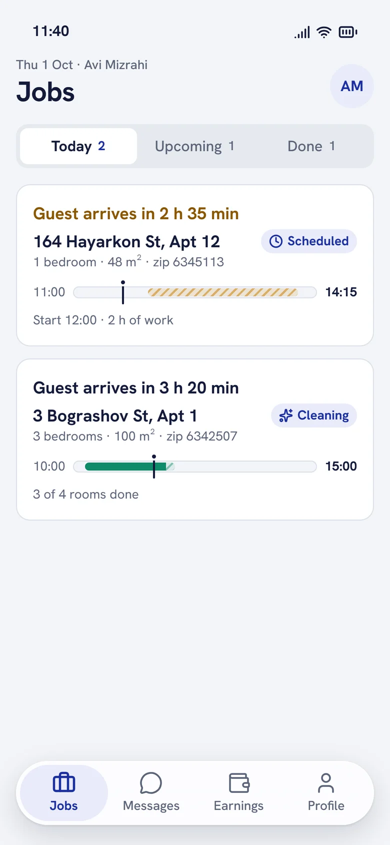 Cleaner's Jobs screen: each job leads with time left before the guest arrives