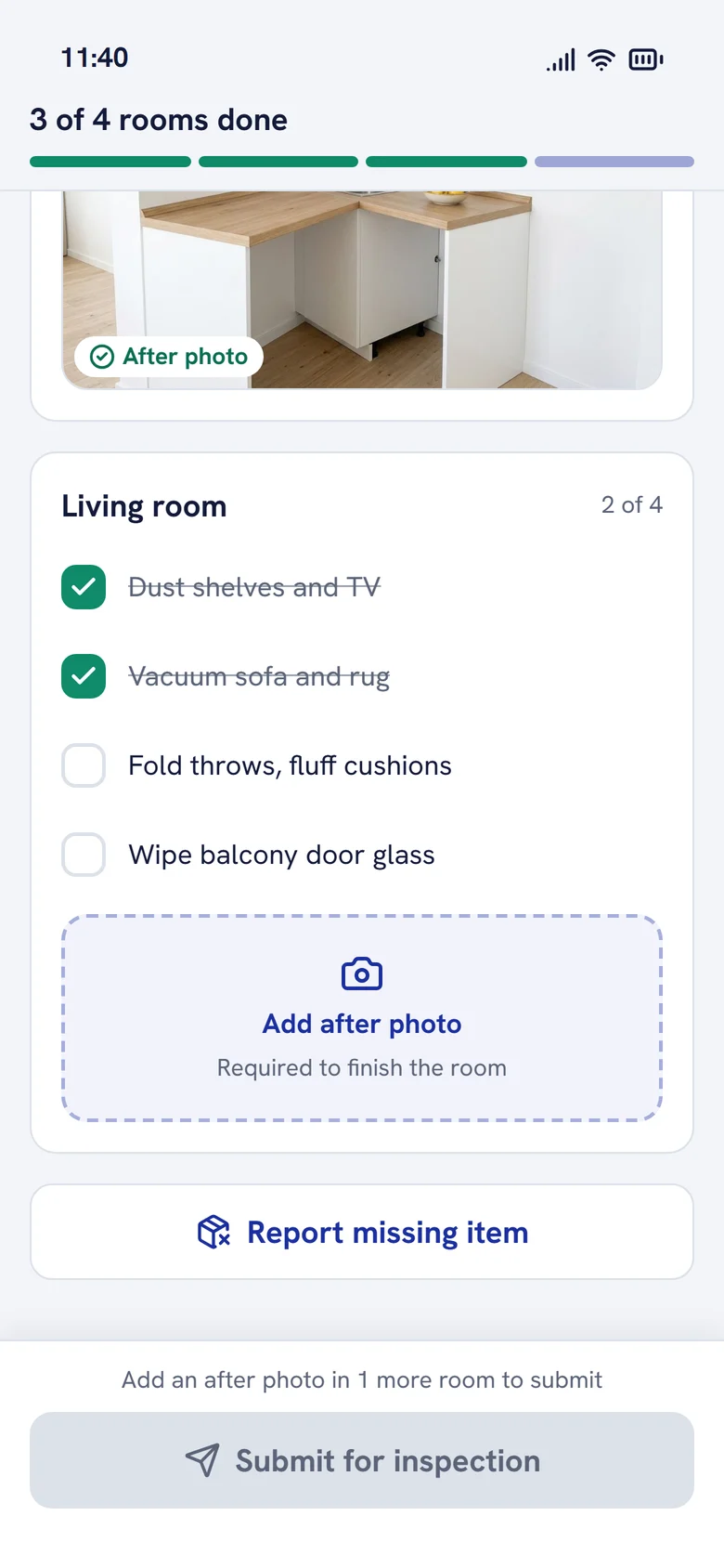 Room checklist with an after photo required to finish the room