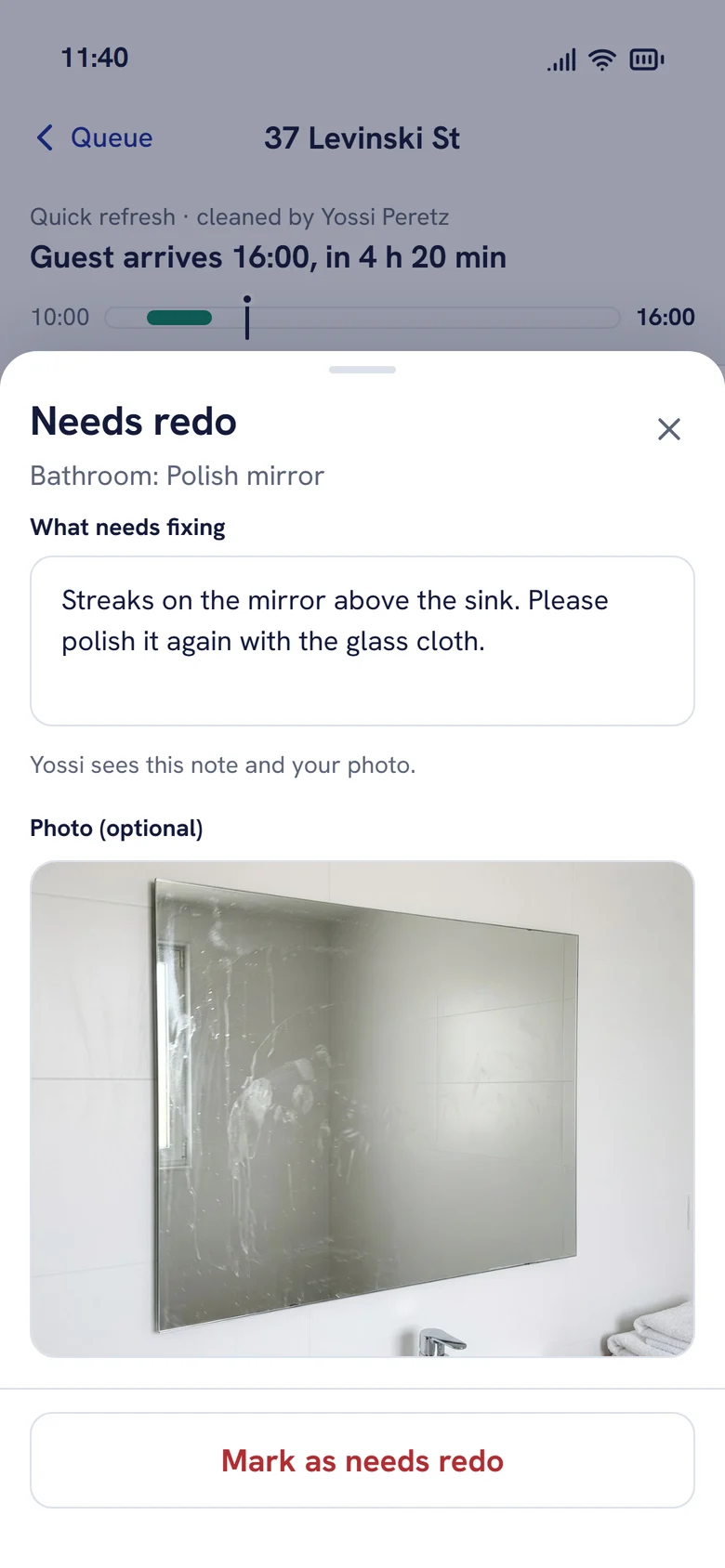 The 2026 needs-redo sheet with a note and photo for one item