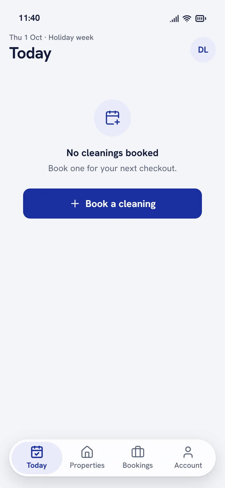 Empty Today screen that guides the manager to book a cleaning