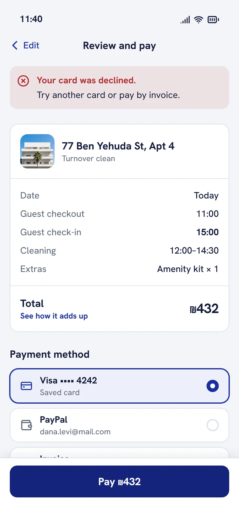 Payment declined with a clear fix: another card or invoice