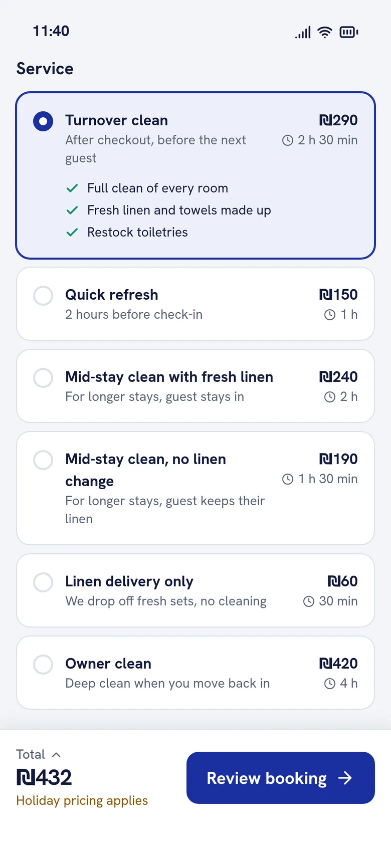 The 2026 service cards with plain names, scope, duration and price