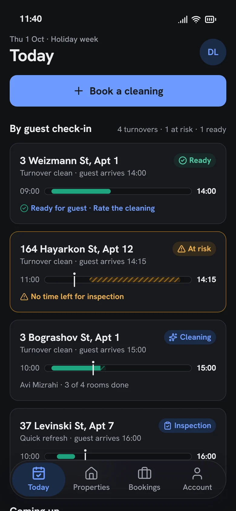 Today screen in the dark theme