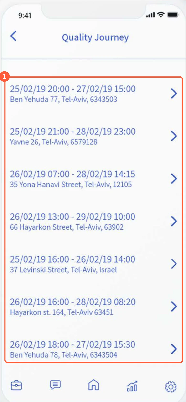 Our 2019 inspection screen, a plain list of dates and addresses, marked
