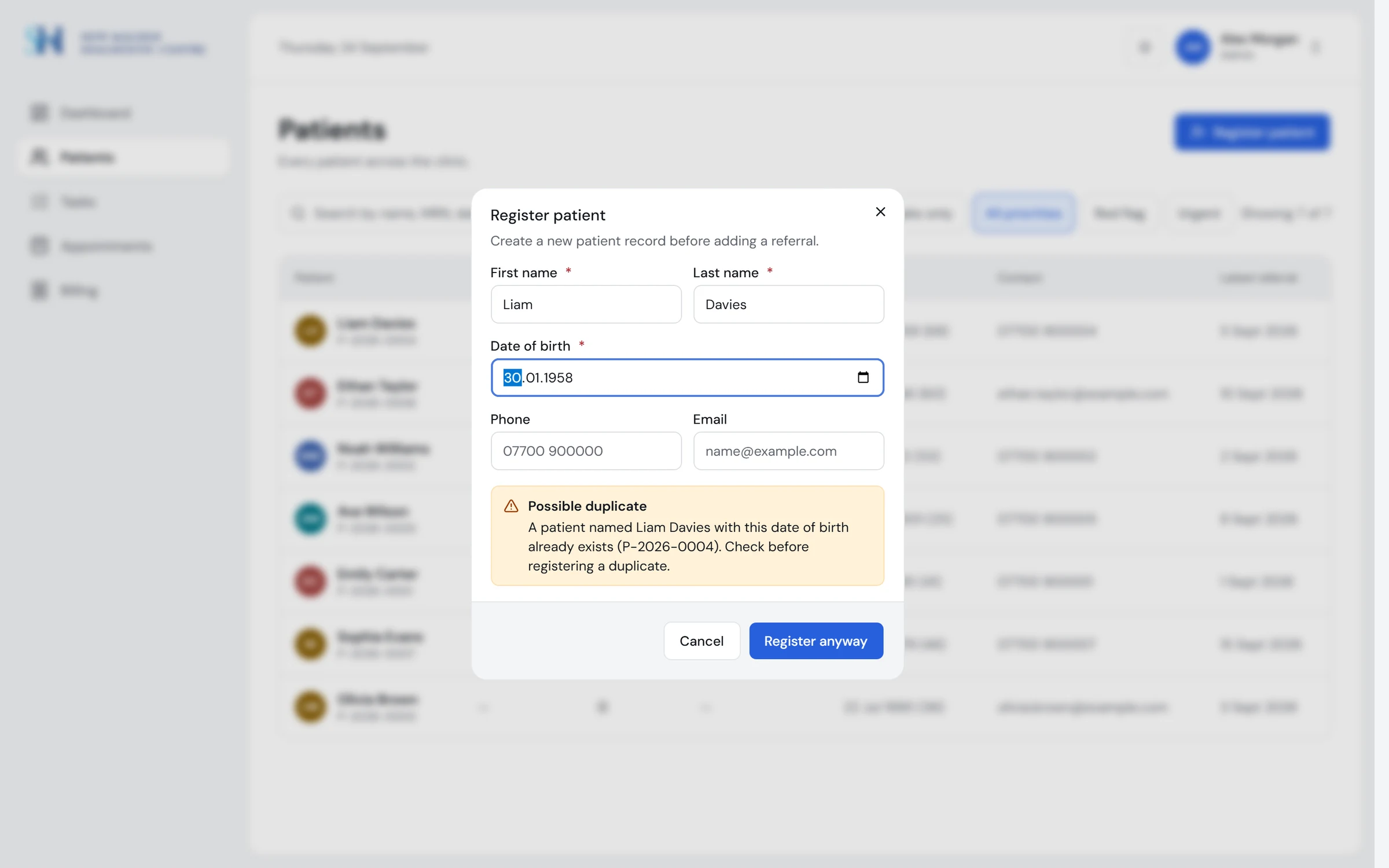 The register patient dialog warning of a possible duplicate patient