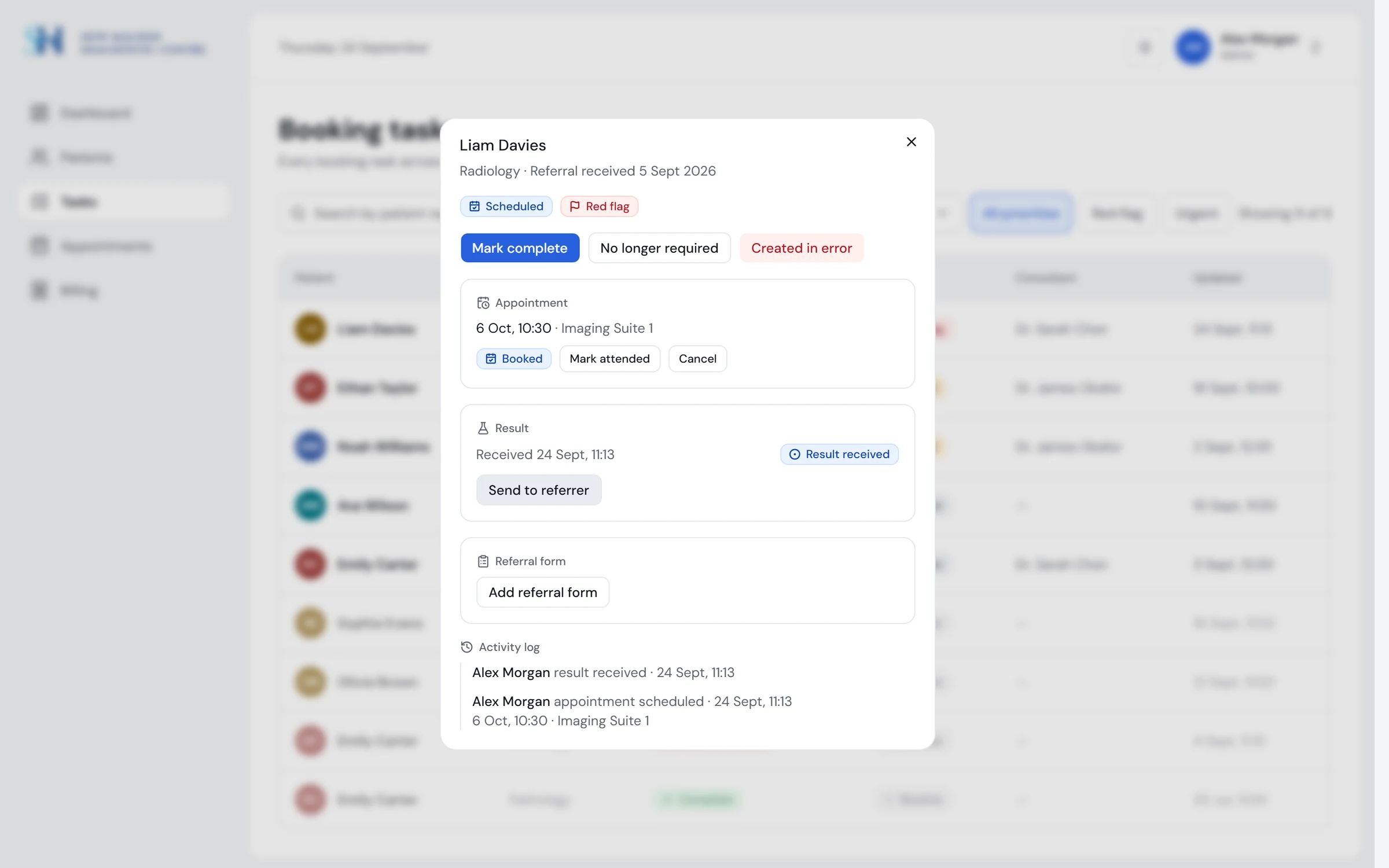 The task dialog showing a received result with a send to referrer action