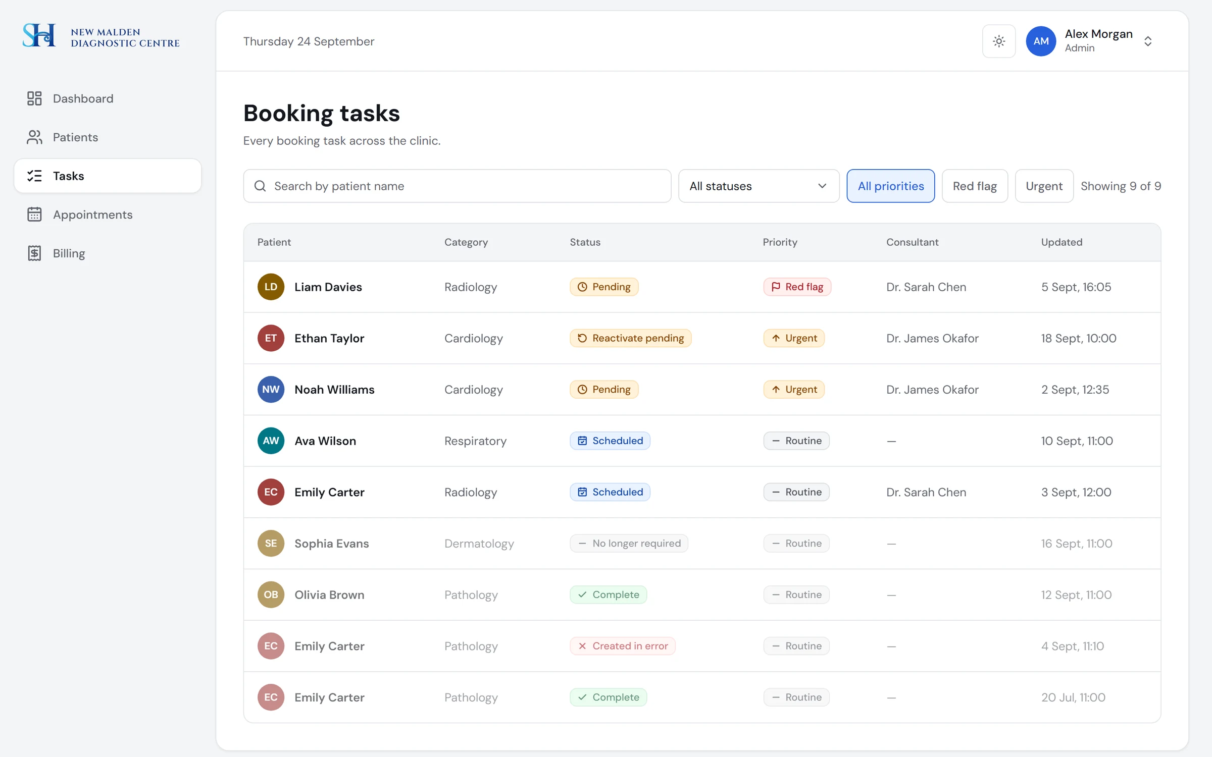 The redesigned task list with priority and status pills, search and filters